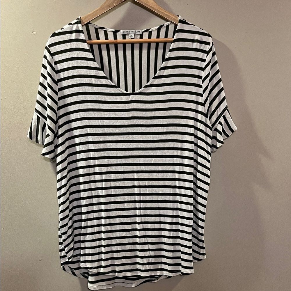 Green Envelope Striped Short Sleeve Top